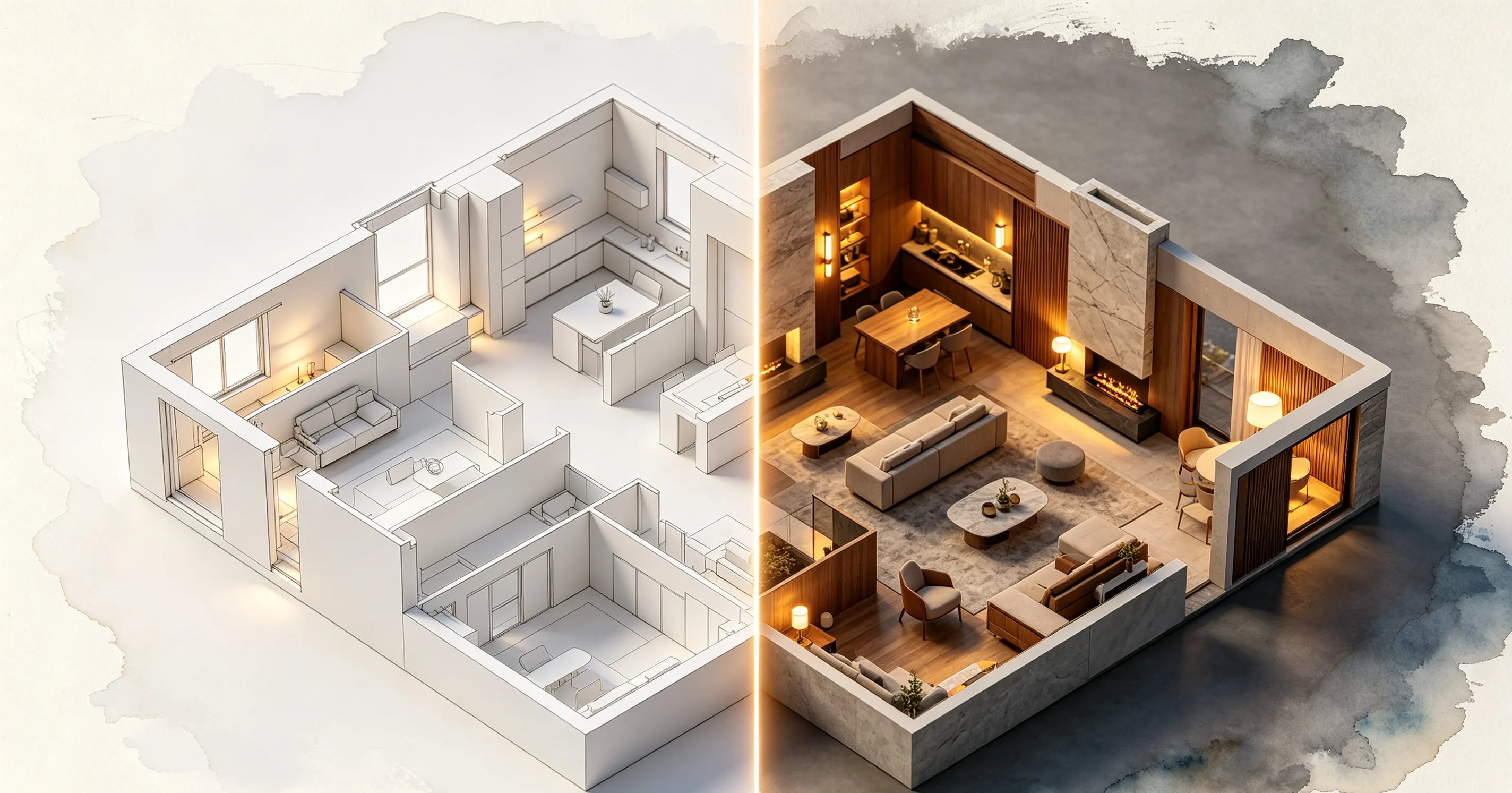 A floor plan shown in minimalist, photorealistic, and watercolor rendering styles